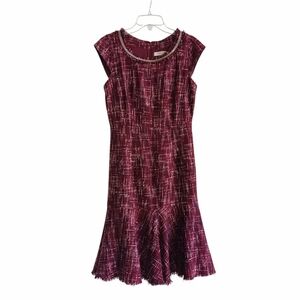 Canvas by Lands' End Red Tweed Drop-waist Dress with Fringe Hem Rasberry Sz 4